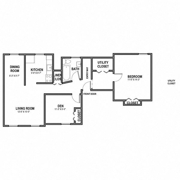 Floor plan for 1 bed, 1 bath, 732 sqft
